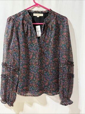 LOFT Paisley Print Long-Sleeve Blouse - Black with Teal & Pink Accents